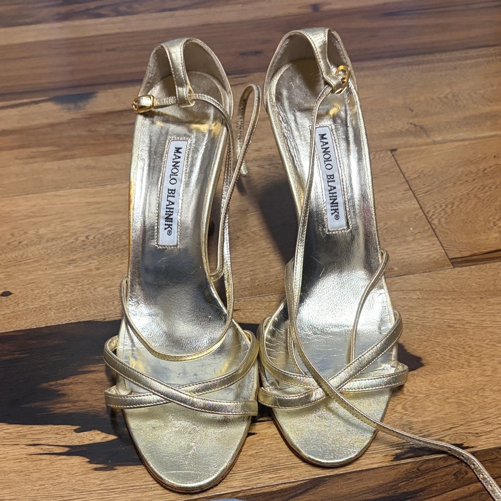Manolo Blahnik Metallic Gold Strappy Heels